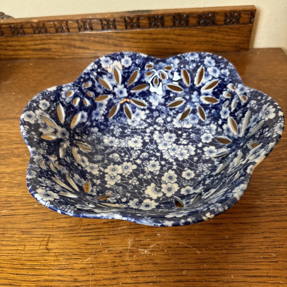Blue Calico Style Reticulated Bowl 10" Pierced Edge Floral Blue White
